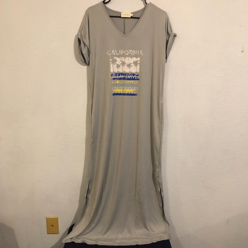 Ninexis California Ocean Surfing Gray T-Shirt Maxi Dress
